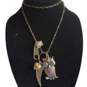 Owl Pendant Necklace Antiqued With Charms Steampunk Retro